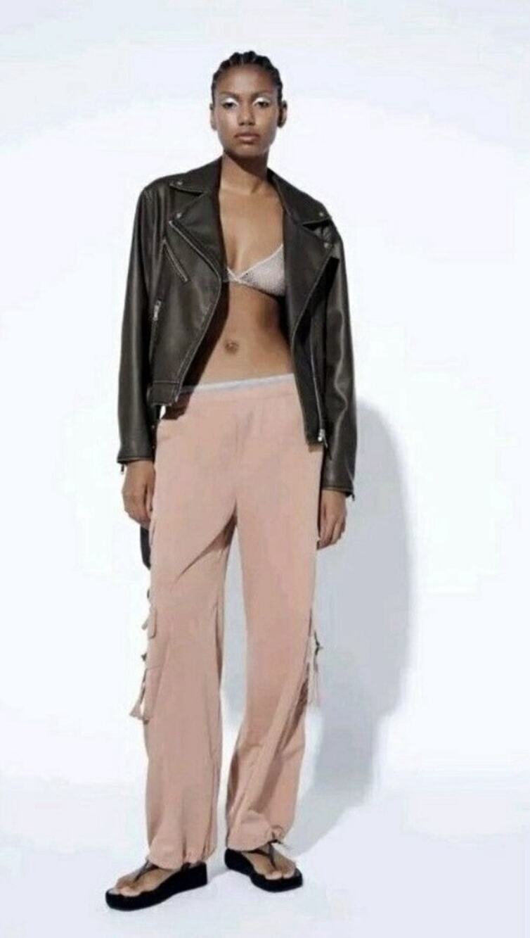 Zara Pull-On Beige Cargo Pants Elastic Waist Pockets Cotton Straight Women S